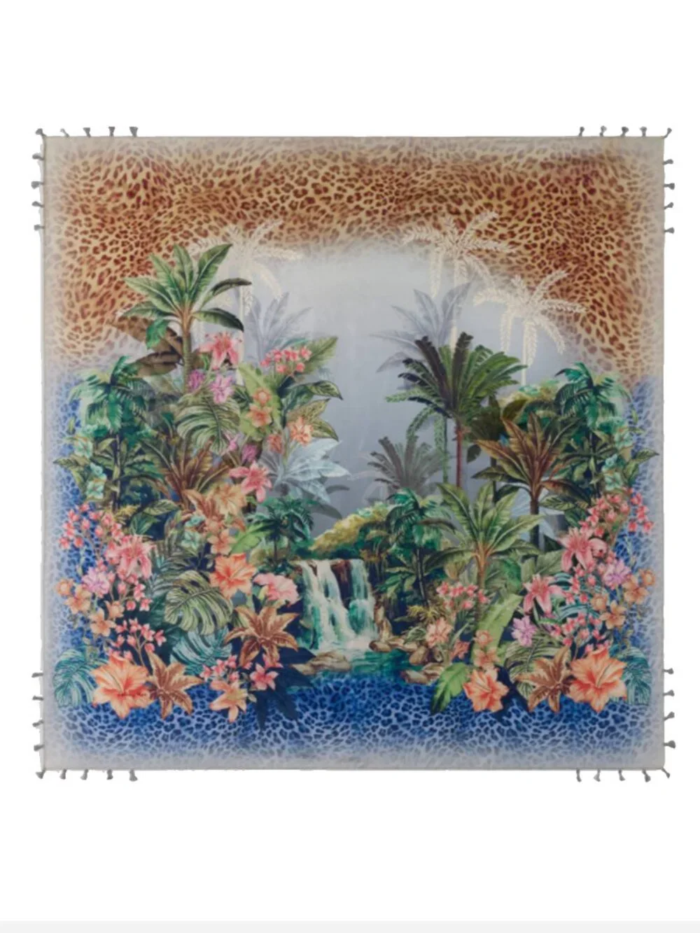 Johnny Was Meghann Silk Scarf Floral Square Large Flowers Tassels Green Blue NEW